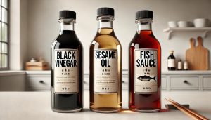 pantry staples - black vinegar - sesame oil - fish sauce