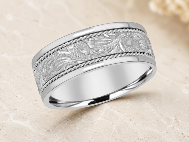 designed men's wedding band with engraved design
