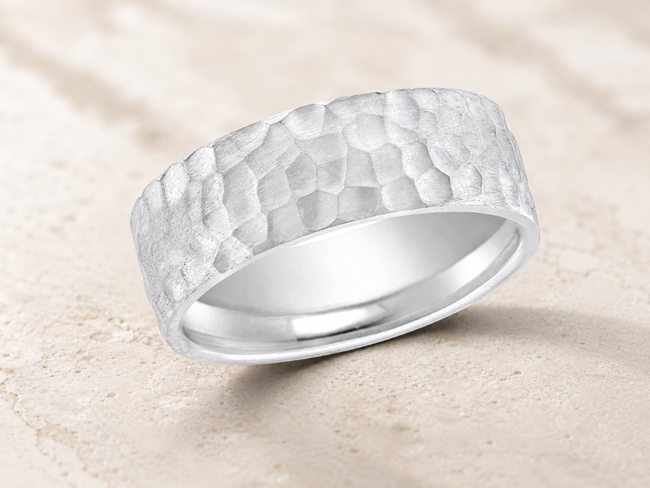 designed men's wedding band with hammered finish